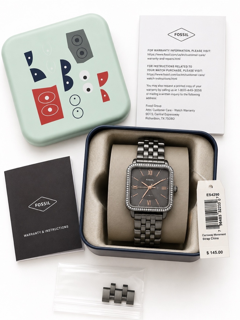 Fossil Carraway Gunmetal Crystal Women’s Watch with Box
